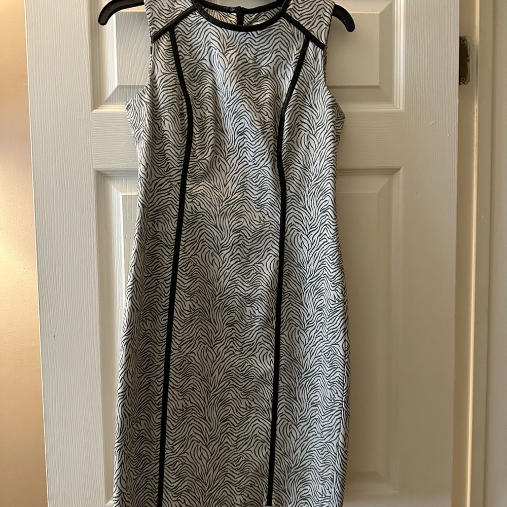 New! Calvin Klein zebra print and leather trim sheath dress. Size 2